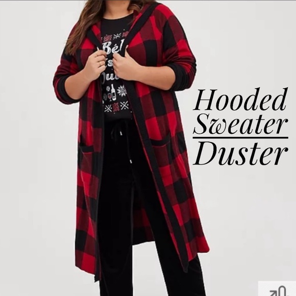 torrid Sweaters - Sale TORRID Plus Size Women’s Winter Hooded Cardigan Sweater Red Plaid Duster